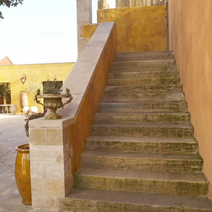 Marche d’escalier en pierre naturelle pour entrée extérieure.